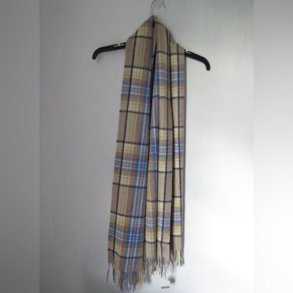 Talbots 100% Cashmere Wreath Plaid Wrap Scarf Brown Blue NWT